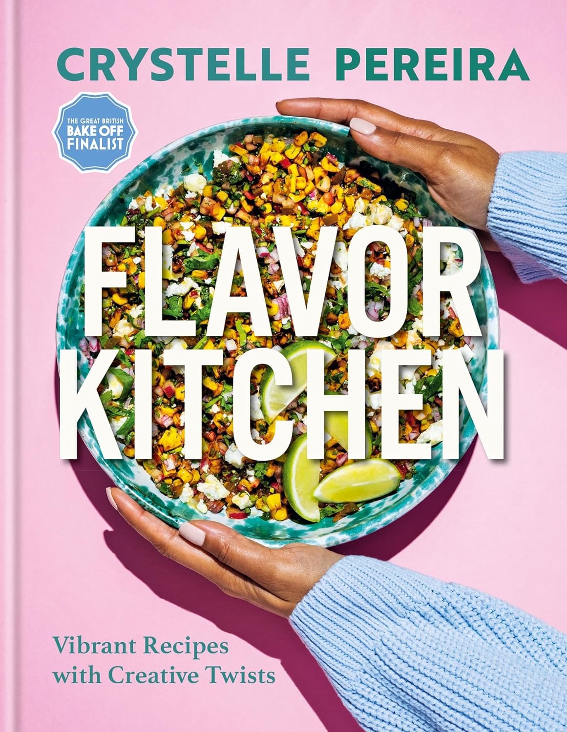 cover of flavor kitchen with corn salad in a blue bowl on pink background