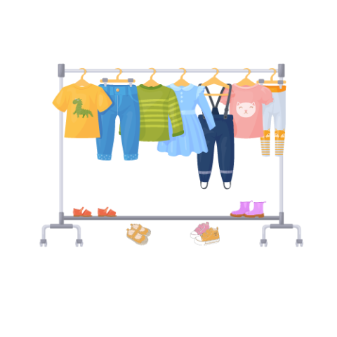 Rack with children's clothes and shoes on it