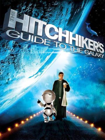 movie poster featuring man and robot walking through space
