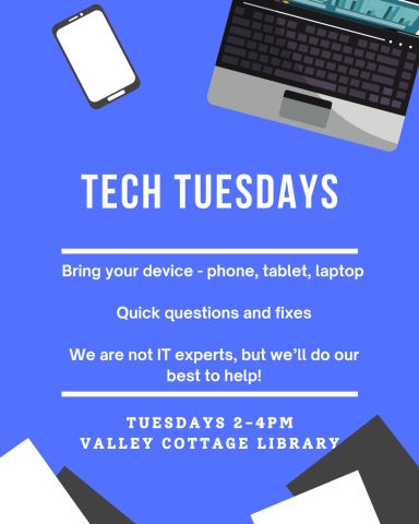 Tech Tuesday flyer featuring blue background and various tech objects such as a laptop and smartphone