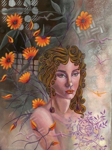 Debra Rogers painting of a woman with flowers