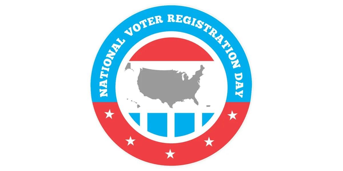 National Voter Registration Day Logo red and blue circle with image of USA in middle