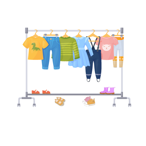 Rack with children's clothes and shoes on it