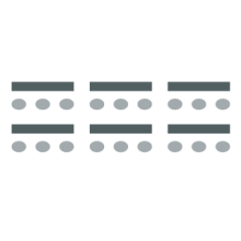 Three columns of tables with seating placed behind the tables. 